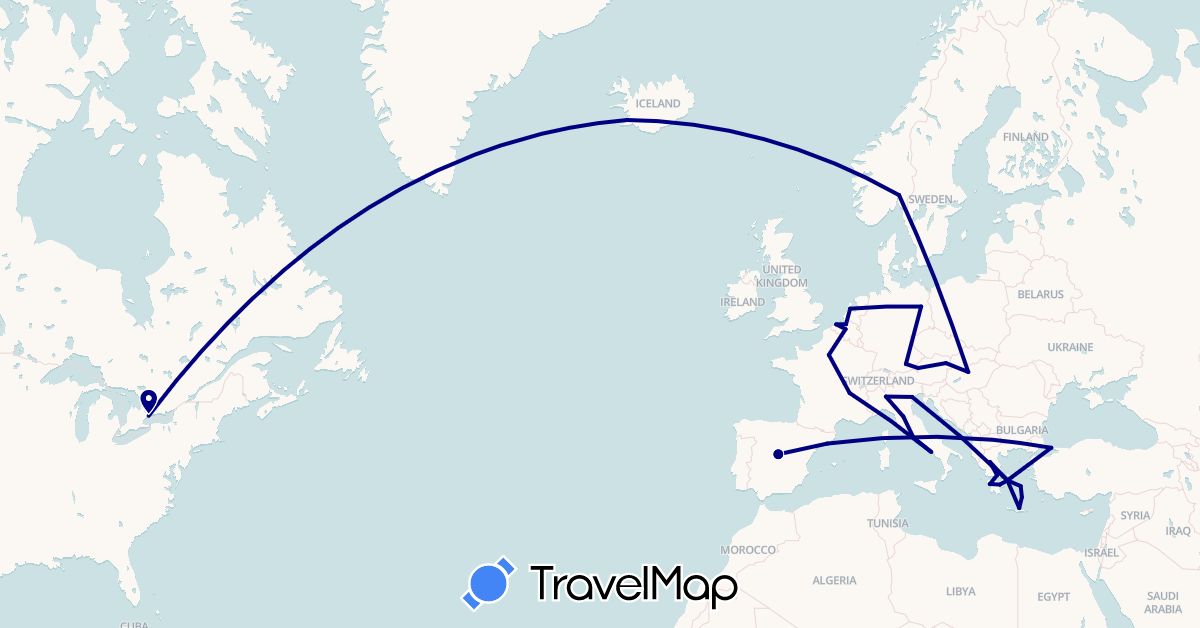 TravelMap itinerary: driving in Austria, Belgium, Canada, Germany, Spain, France, Greece, Hungary, Iceland, Italy, Netherlands, Norway, Turkey (Asia, Europe, North America)